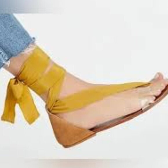 Free People Barcelona Sandals Open Toe Tie Up Ankle Clear Strap Yellow Size 7 - Picture 7 of 8